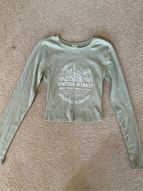 Garage Ribbed Knit Cropped Long Sleeve T-Shirt Green Graphic Print Vintage XS